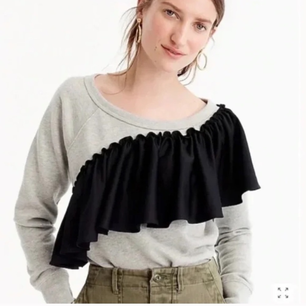 J. Crew gray sweatshirt black asymmetrical satin ruffle casual dressy top